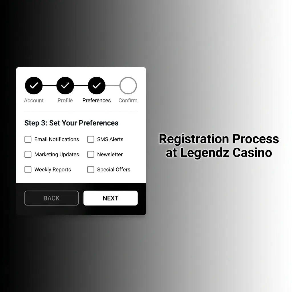 Step-by-step Legendz Casino registration process showing account creation, email verification, KYC, and crypto deposit steps